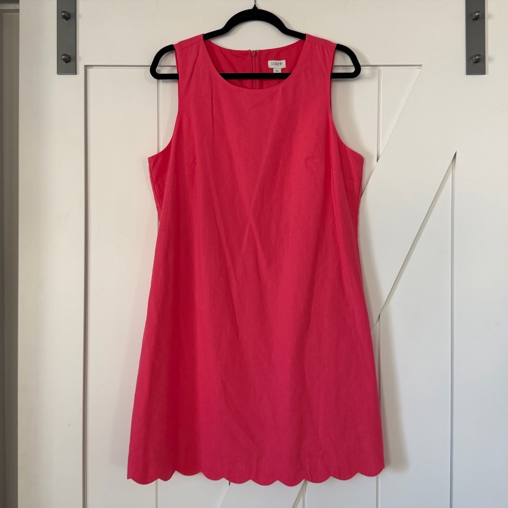 JCrew Scalloped Linen Blend Shift Dress in Guava